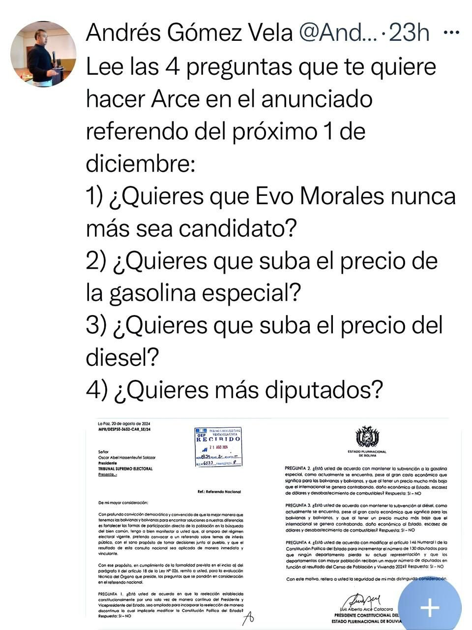 4 preguntas de referendum de Arce